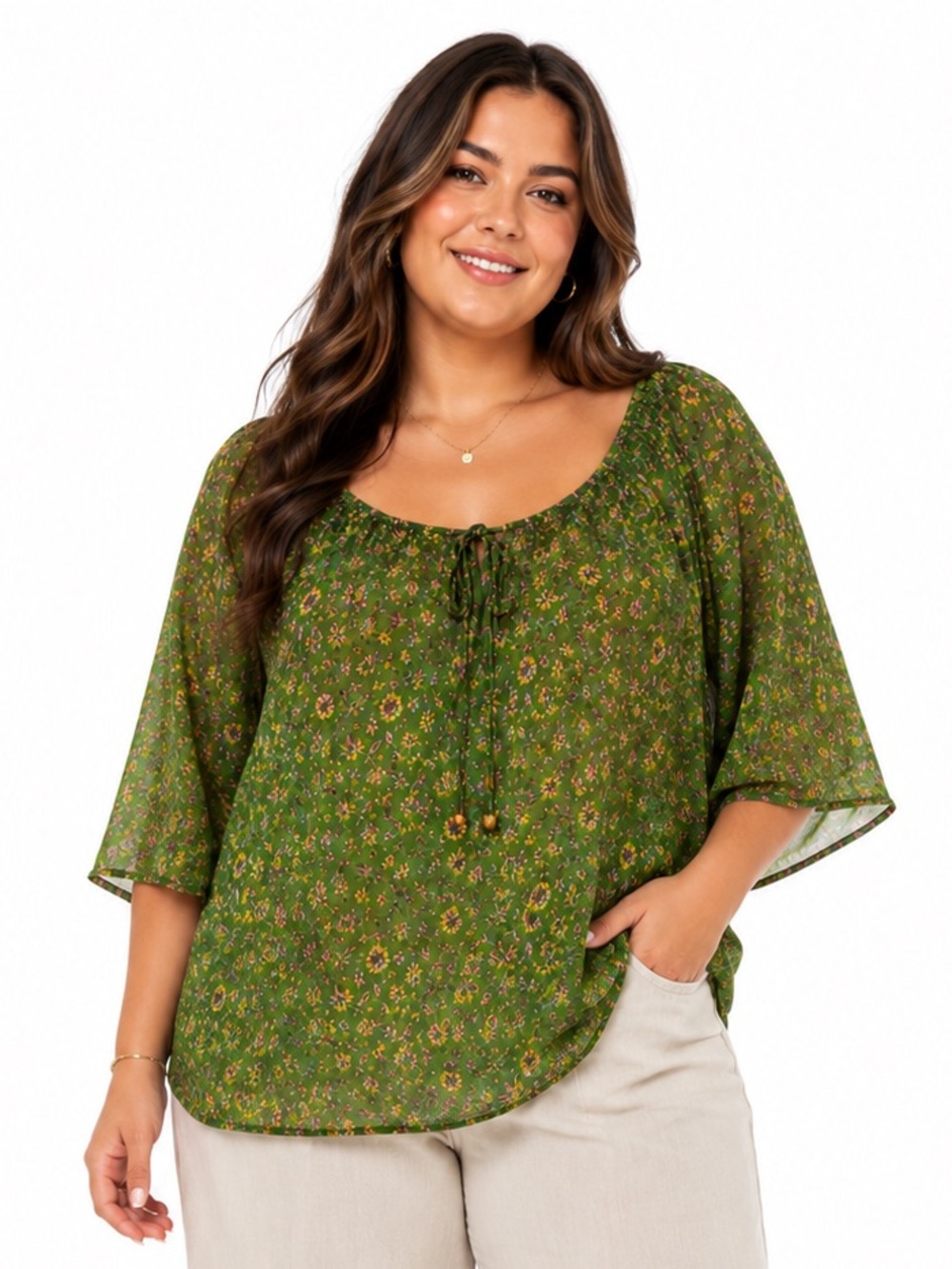 Alchemy Fashions Recycled Sari Silk Green Floral Peasant Blouse Top Boho